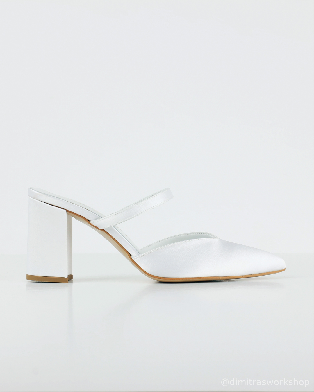 Anneliese – Νυφικό Λευκό Σατέν Mule με Σταθερό Χοντρό Τακούνι & Λεπτή Μπαρέτα