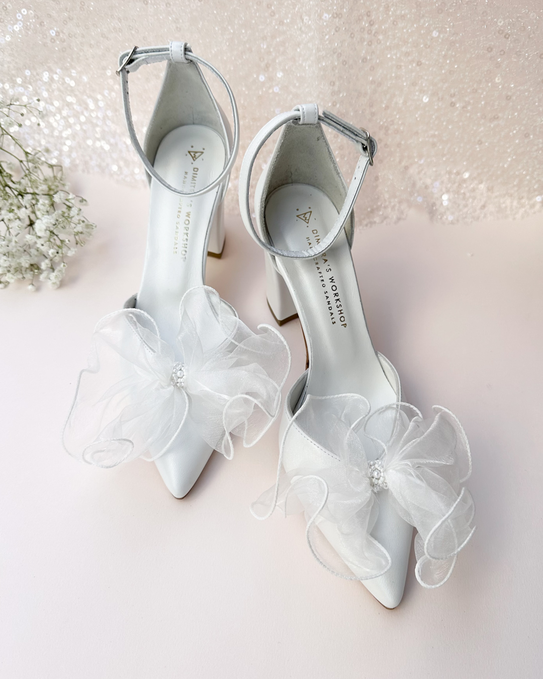 Λευκή Νυφική Γόβα Aura, Δερμάτινη, Μυτερή με λουράκι