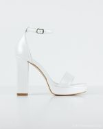 Camille – Λευκό Δερμάτινο Νυφικό Πέδιλο με Χοντρό τακούνι 11 εκ. & Φιάπα