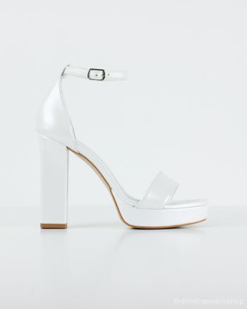 Camille – Λευκό Δερμάτινο Νυφικό Πέδιλο με Χοντρό τακούνι 11 εκ. & Φιάπα
