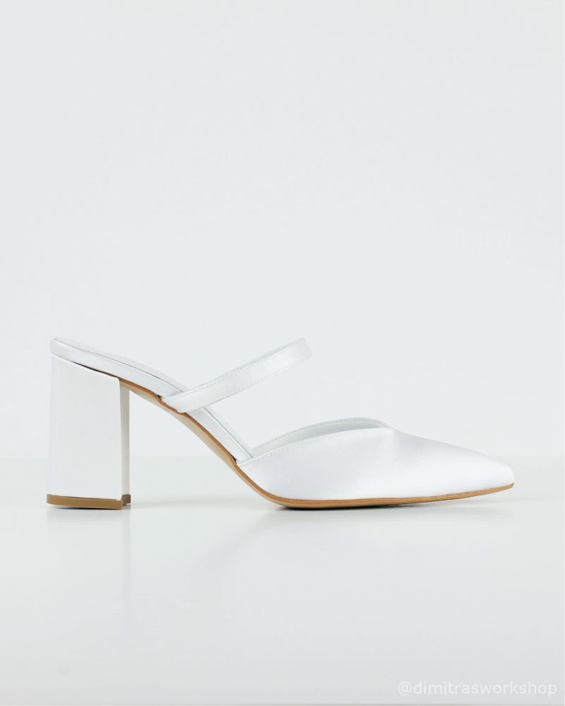 Φωτογραφία από Anneliese – Νυφικό Λευκό Σατέν Mule με Σταθερό Χοντρό Τακούνι & Λεπτή Μπαρέτα