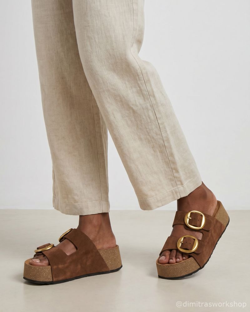 Sienna – Brown Suede Sandals with Gold Buckles Φωτογραφία από Sienna – Brown Suede Sandals with Gold Buckles